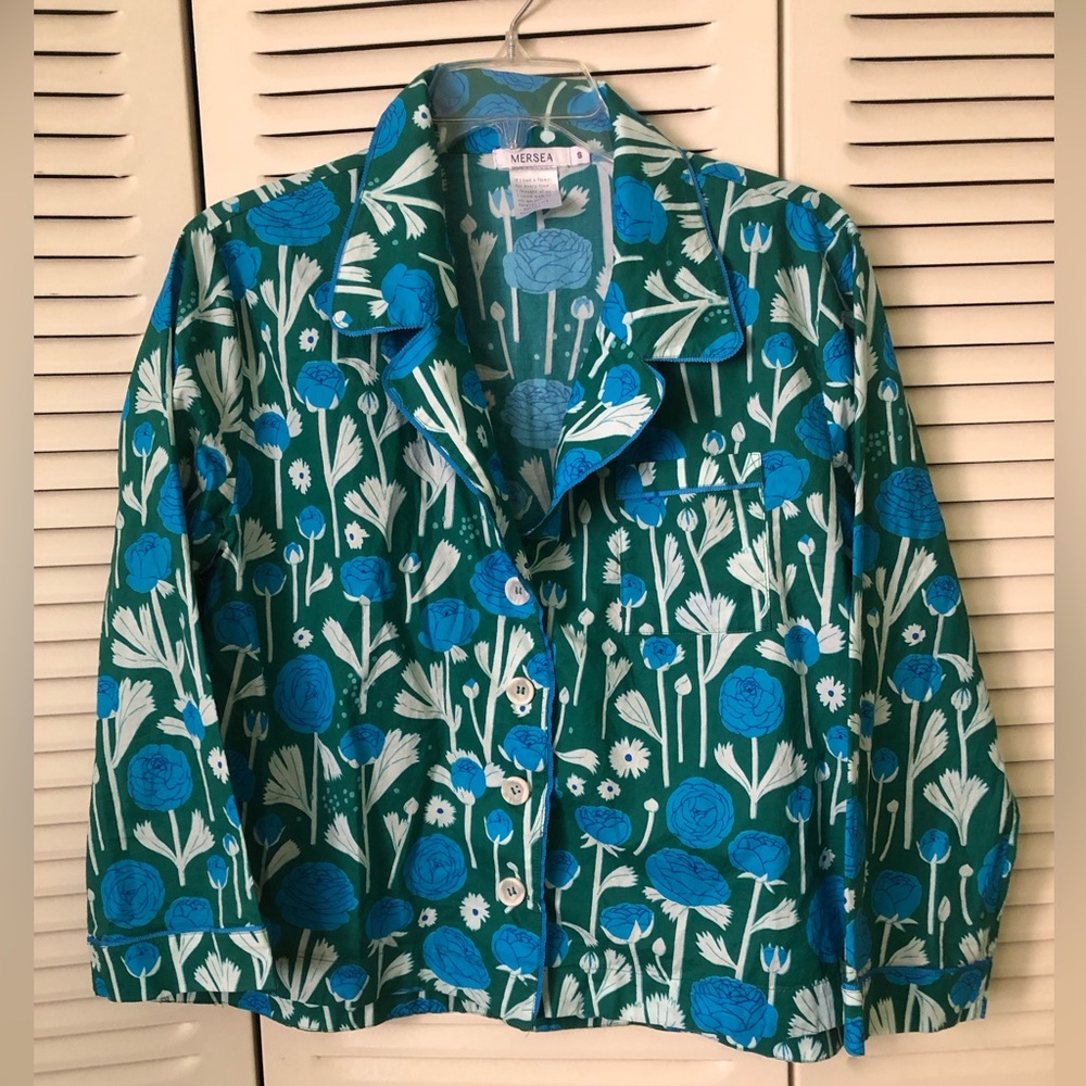 Mer-Sea Green & Blue Floral Button-Up PJ Top